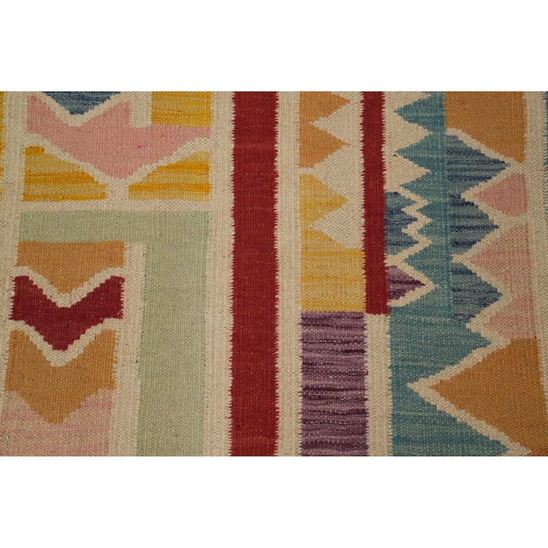 Hand Woven Oriental 100% Wool Carpet Southwestern Modern Multi-Colored Kilim Runner Rug - 6' 3'' X 2' 3''