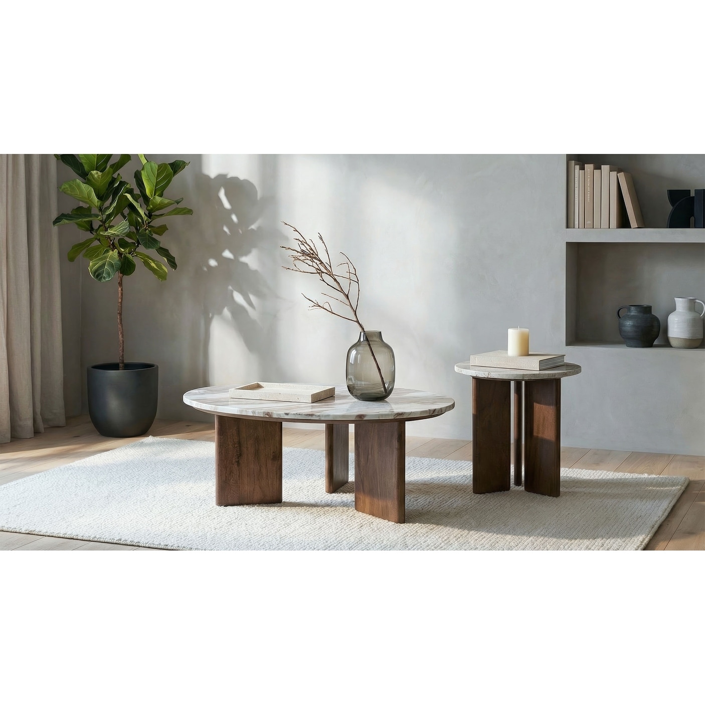 Jenna Round Marble Top Coffee Table Set Brown