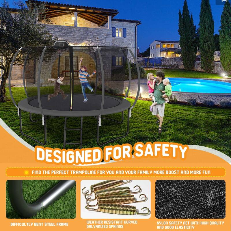 12 Ft Trampoline Pumpkin-style Safety Net With Basketball Hoop, High Tensile and Durable, Difficultly Bent Steel Frame