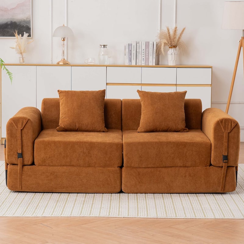 Folding Chaise Longue Sofa Fold Out Loveseat Floor Couch, Convertible Sleeper Sofa Bed Modular Leisure Sofa - Camel