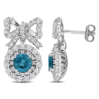 Miadora 4 1/6ct TGW London Blue Topaz White Topaz Halo Bow Drop Earrings in Sterling Silver