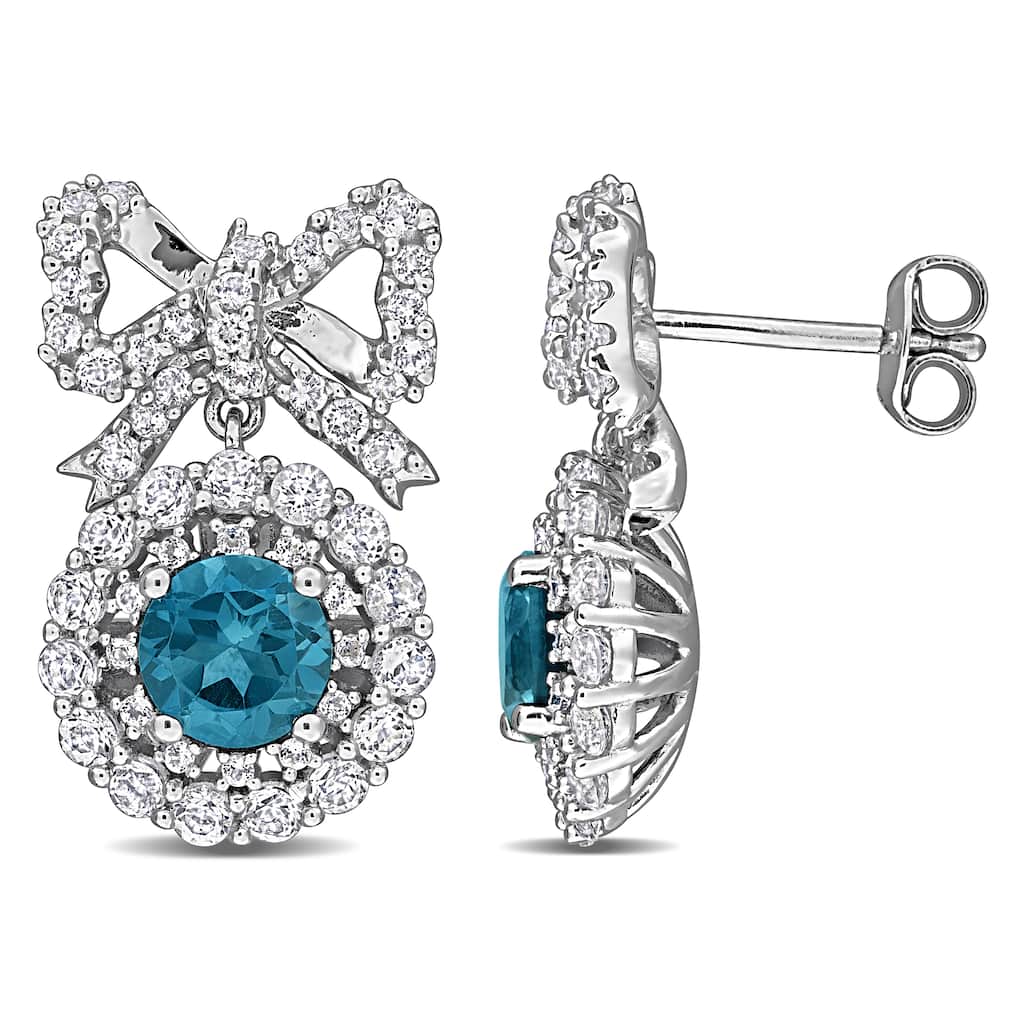 Miadora 4 1/6ct TGW London Blue Topaz White Topaz Halo Bow Drop Earrings in Sterling Silver