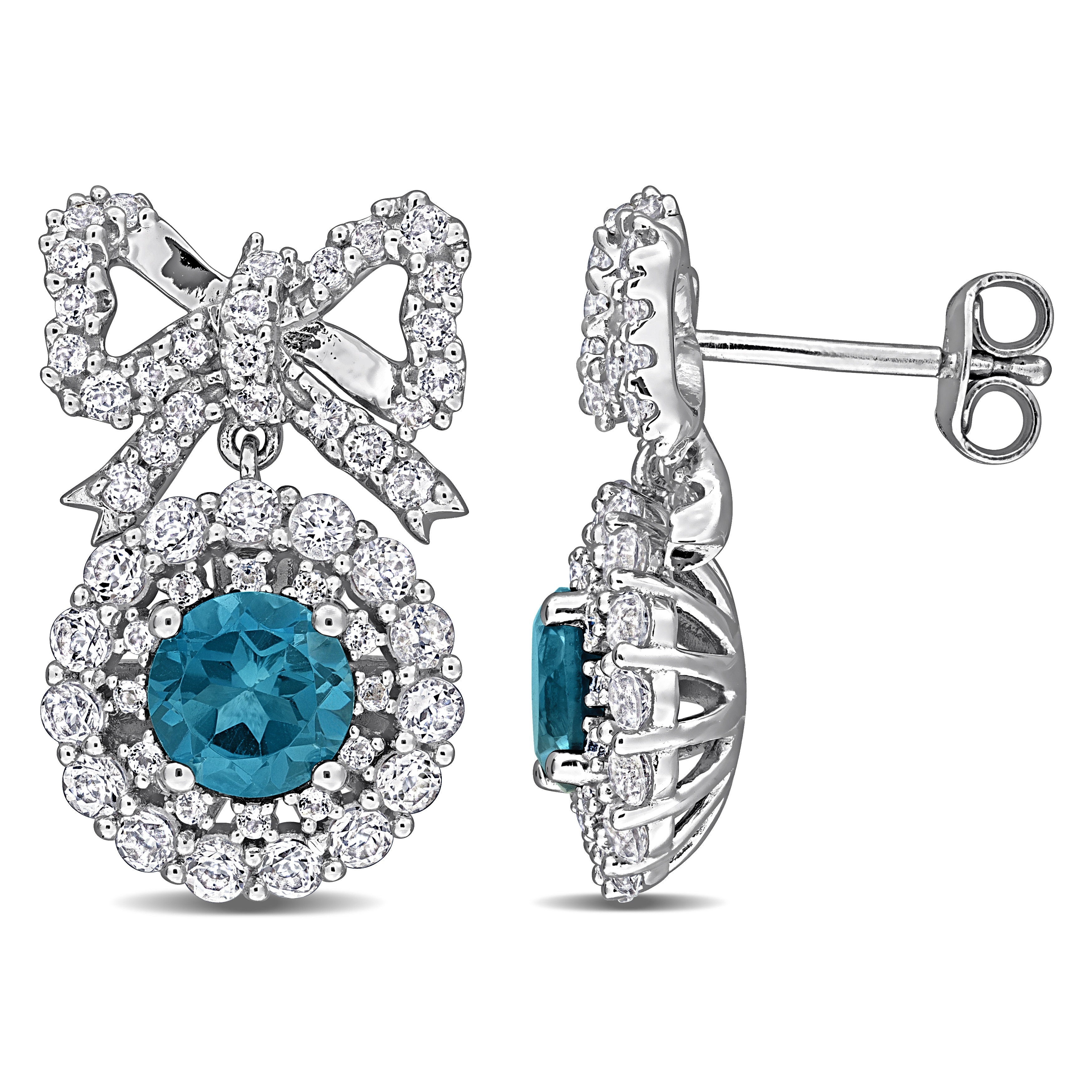 Miadora 4 1/6ct TGW London Blue Topaz White Topaz Halo Bow Drop Earrings in Sterling Silver