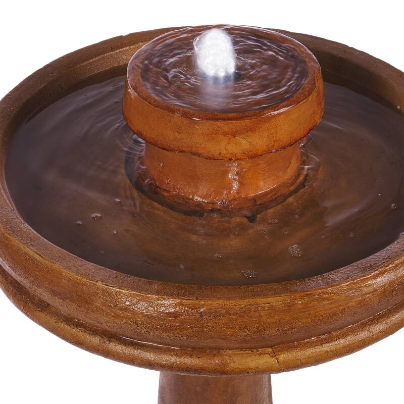 Alpine Corporation TZL202SLR 29" Brown Outdoor Solar Powered Pedestal Birdbath Fountain with LED Lights