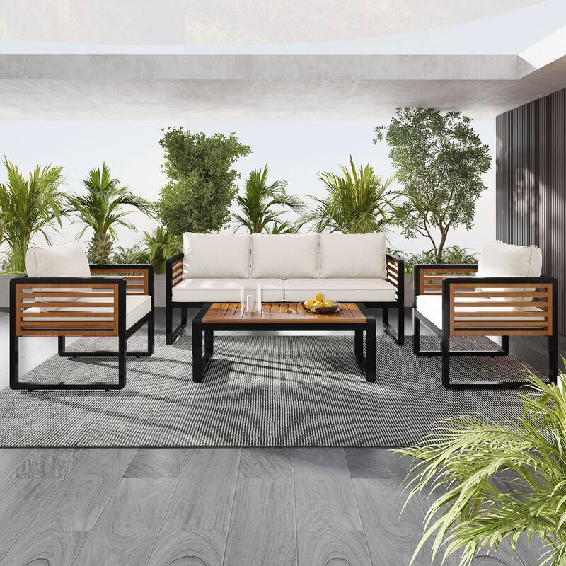 4 Pieces Outdoor Furniture Sofa for 5 Person Conversation Set - Beige