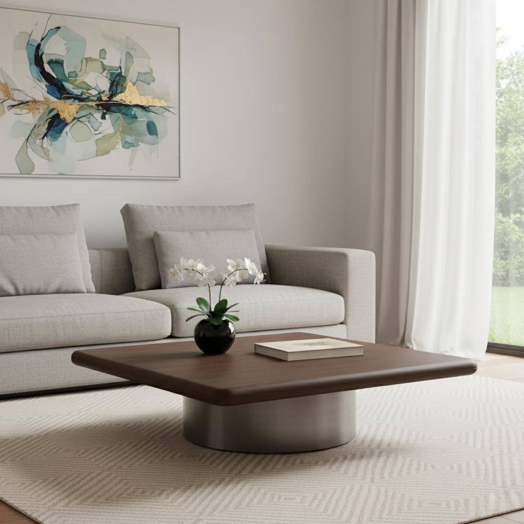 HomeRoots 39" Brown and Silver Wood and Stainless Steel Square Pedestal Coffee Table - 39.00 in. x 11.00 in. x 39.00 in.