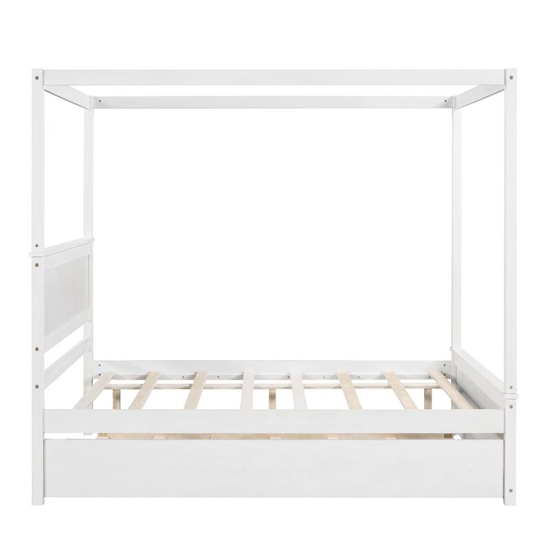 Full Size Wood Frame Platform Canopy Bed with Trundle
