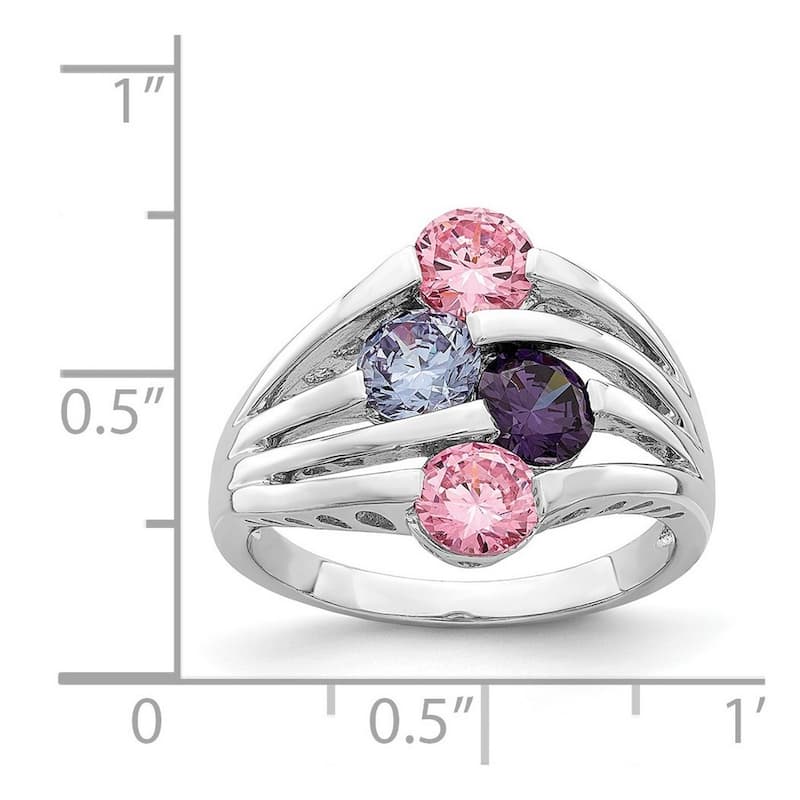 Curata 925 Sterling Silver Rhodium Plated Pink and Purple CZ Cubic Zirconia 4 Bar Ring