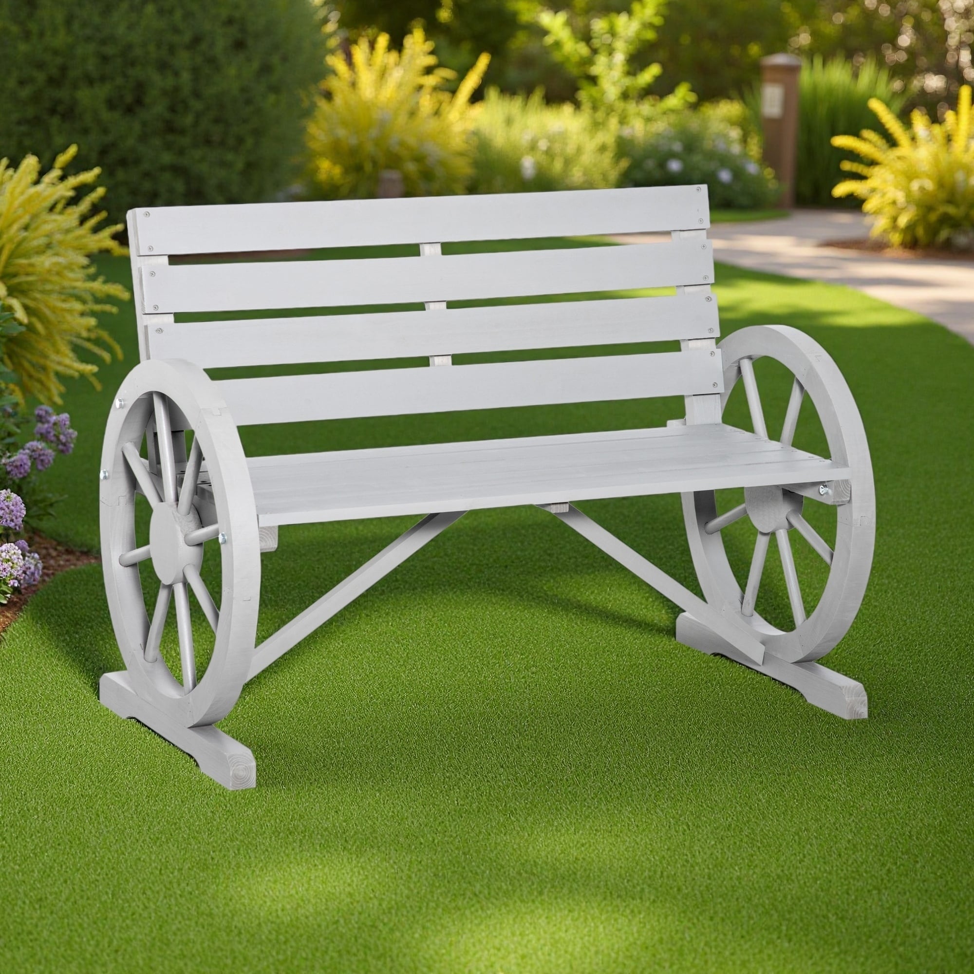 2-Person Outdoor Wooden Wagon Wheel Bench with Backrest for Patio
