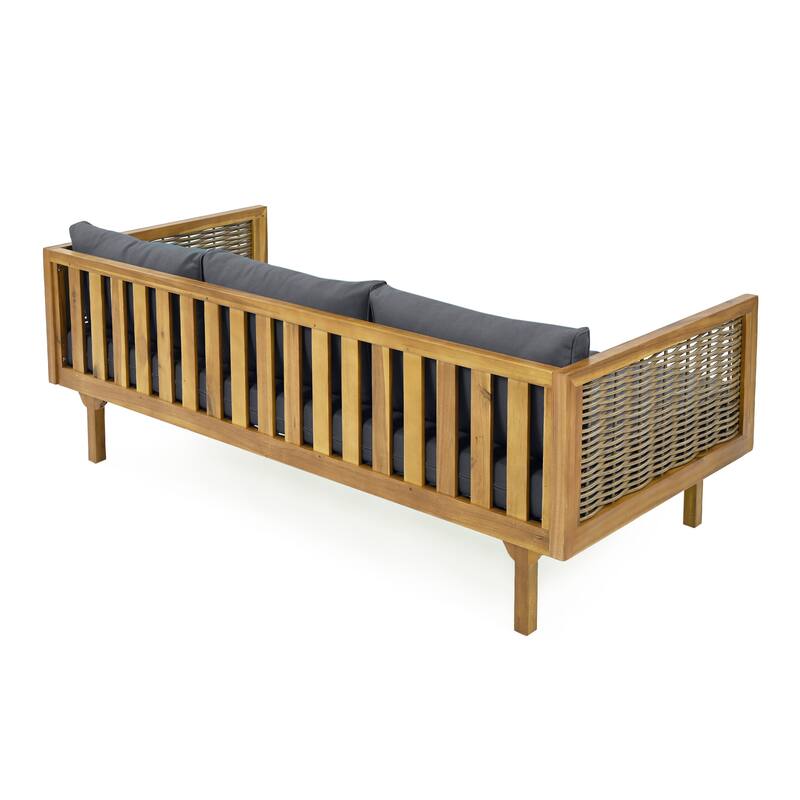 Acacia Wood Daybed with Rattan Arms Slat Paneling and Water Resistant Cushions