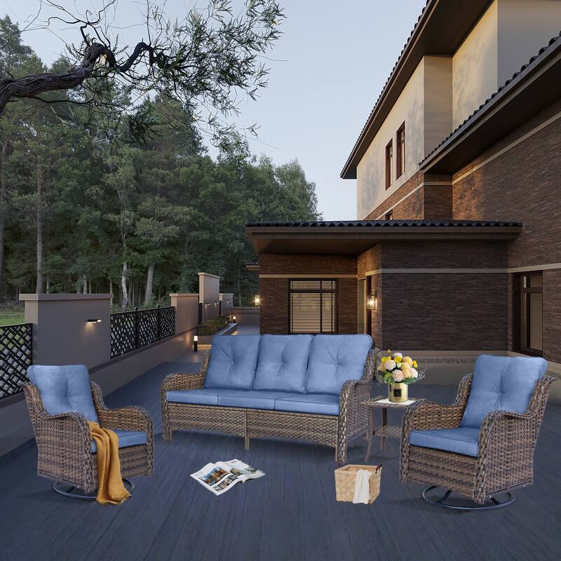 Outdoor Wicker Patio Conversation Seating Sofa Sets with Swivel Chairs - 4 Piece - Blue/Brown Wicker