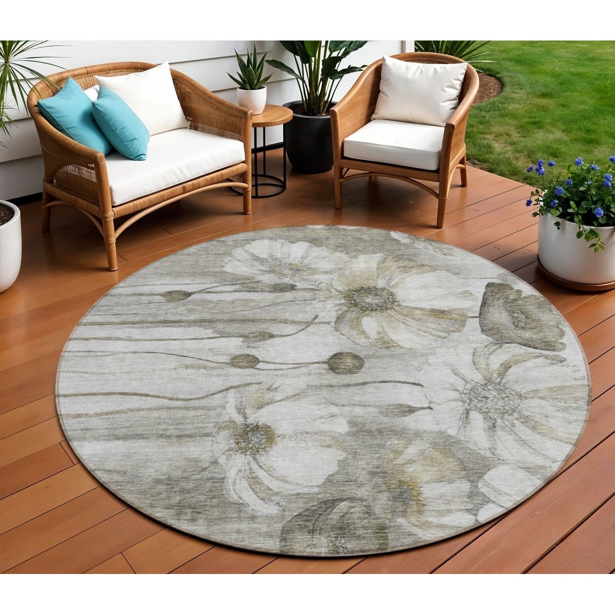 8' Taupe Ivory And Tan Round Floral Washable Indoor Outdoor Area Rug - 7' x 7' Round