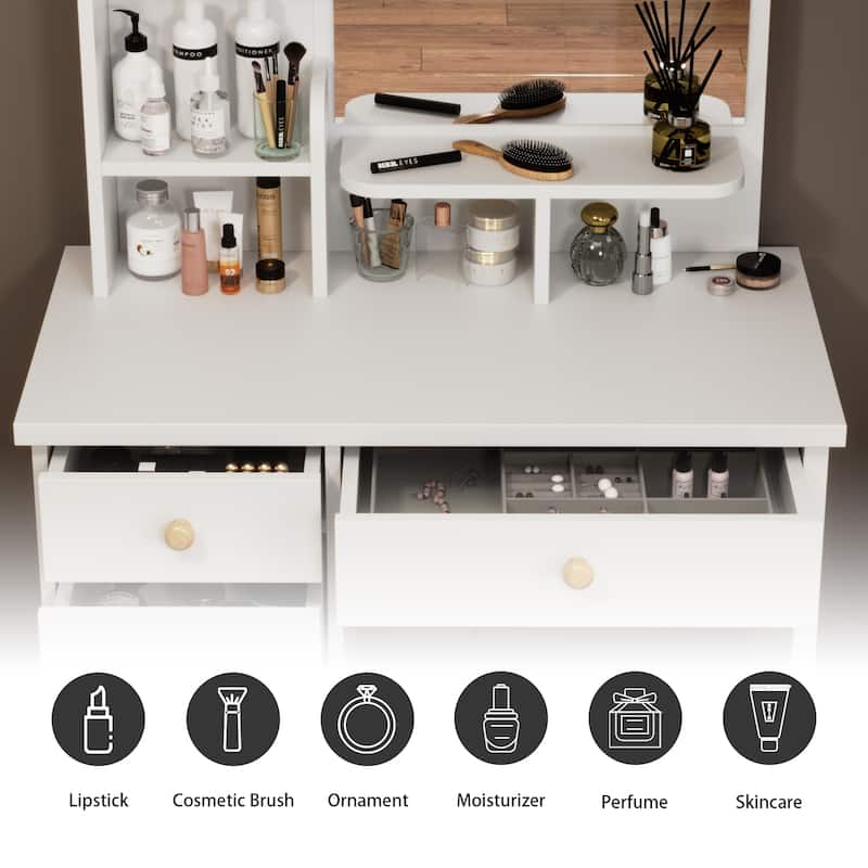 Timechee 31.5'' Wide Makeup Vanity Set with Stool and Mirror(White)
