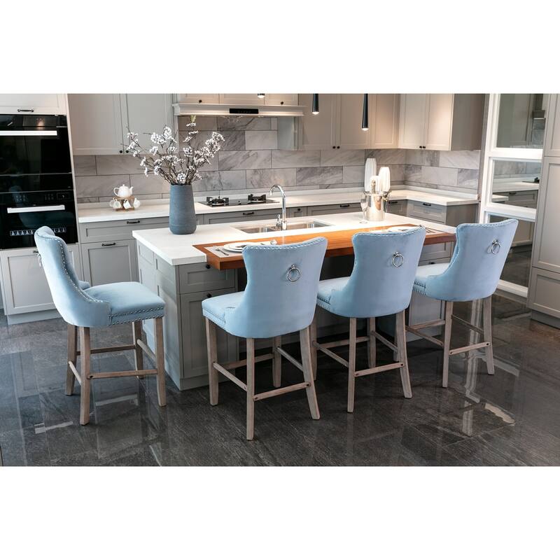 Contemporary Velvet Upholstered Barstools With Button Tufted Decoration And Wooden Legs