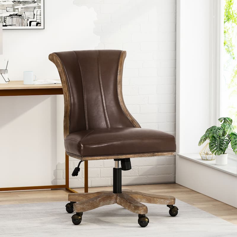 Roomfitters Contemporary Swivel & Lift Office Chair with Adjustable Height, Brown Faux Leather & Weathered Rubberwood Frame