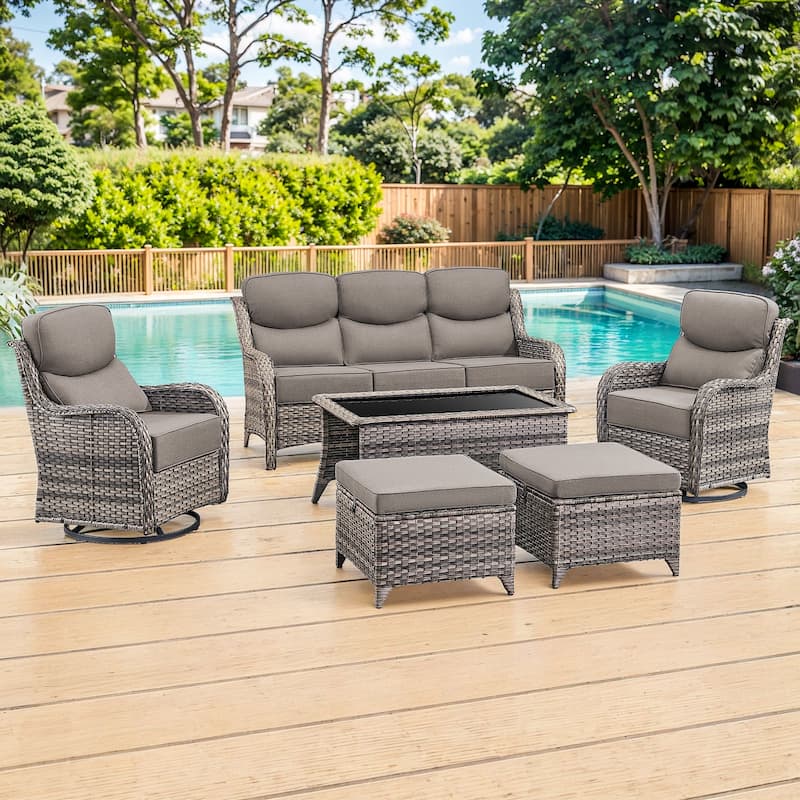 Gymojoy 6-Piece Patio Furniture Set with Swivel Glider Chairs, 6-Inch Ultra-Plush Cushions & Water-Resistant Olefin Fabric - Grey Wicker / Grey Cusion - 6-Piece