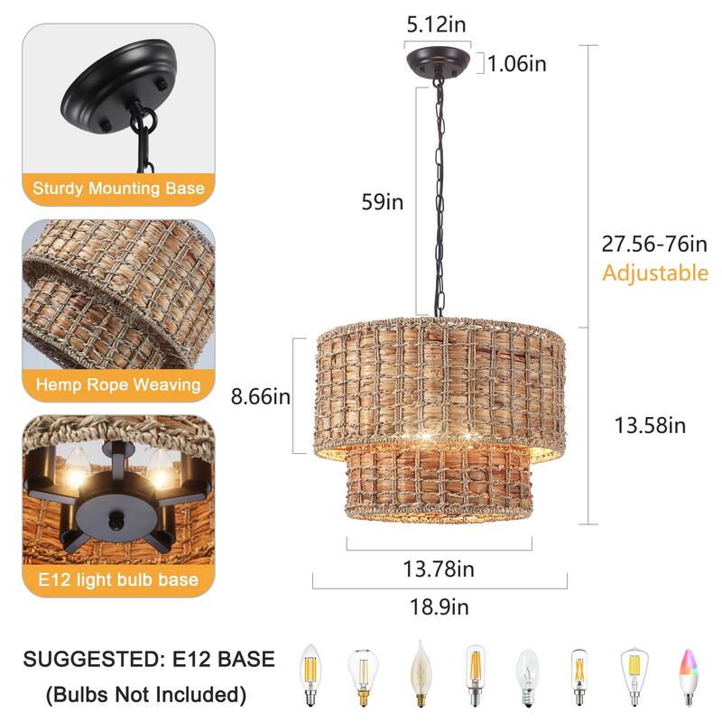 18.9 in. 5-Light Hemp Rope Weaving Drum Chandelier, Bohemian Style Chandelier, Handwoven Semi Flush Mount Chandelier
