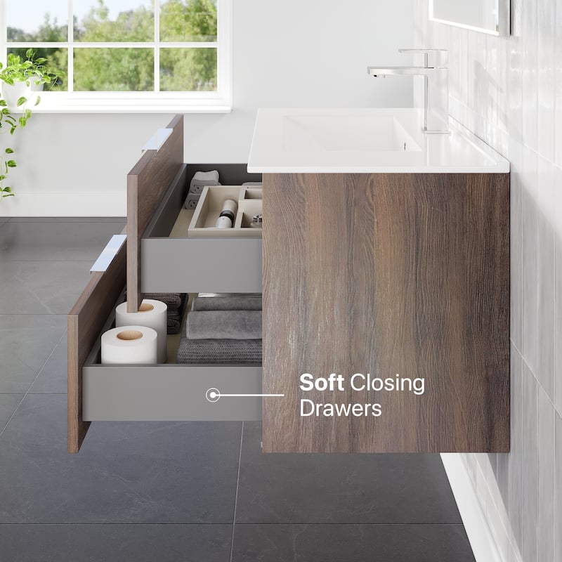 Marina 32 in. Wenge Wall MountSingle Sink Bath Vanity with Porcelain Top and Integrated Sink