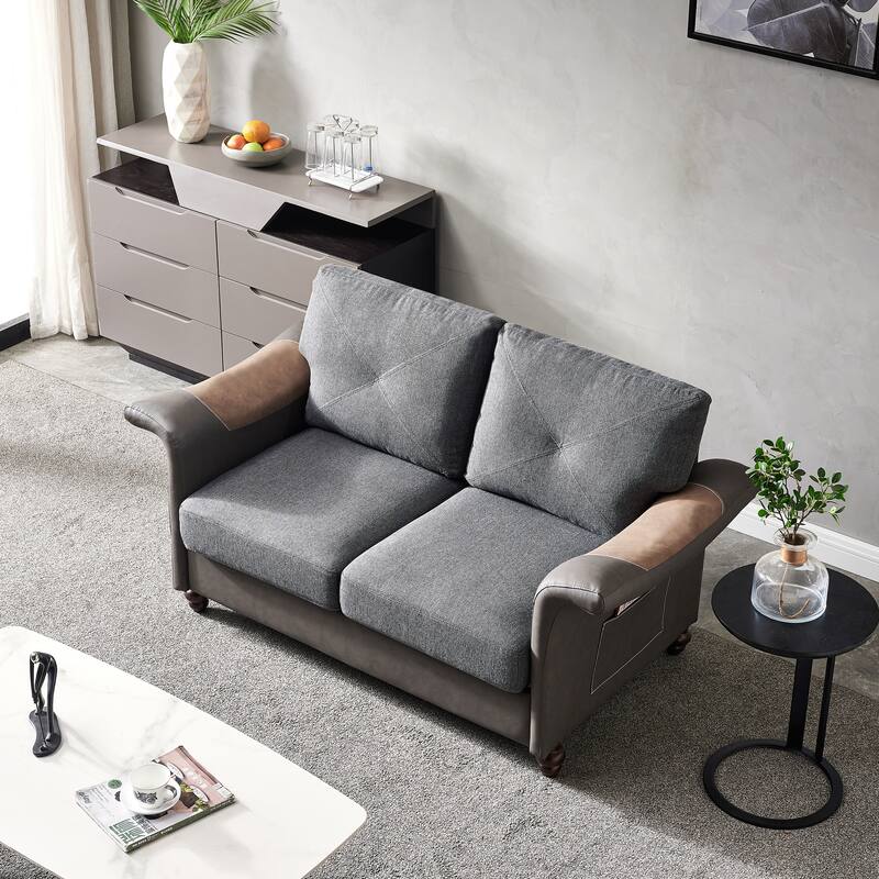 Modern Linen Fabric Faux Leather Upholstered Loveseats Sofa Living Room Folding Armrest Sofa