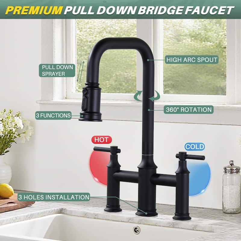 WOWOW Double Handle Bridge Kitchen Faucet with Advanced Spray