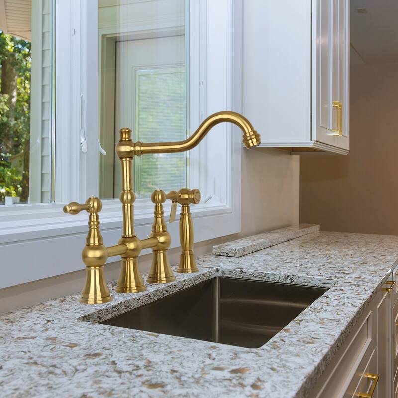 Two-Handles Bridge Kitchen Faucet with Side Sprayer