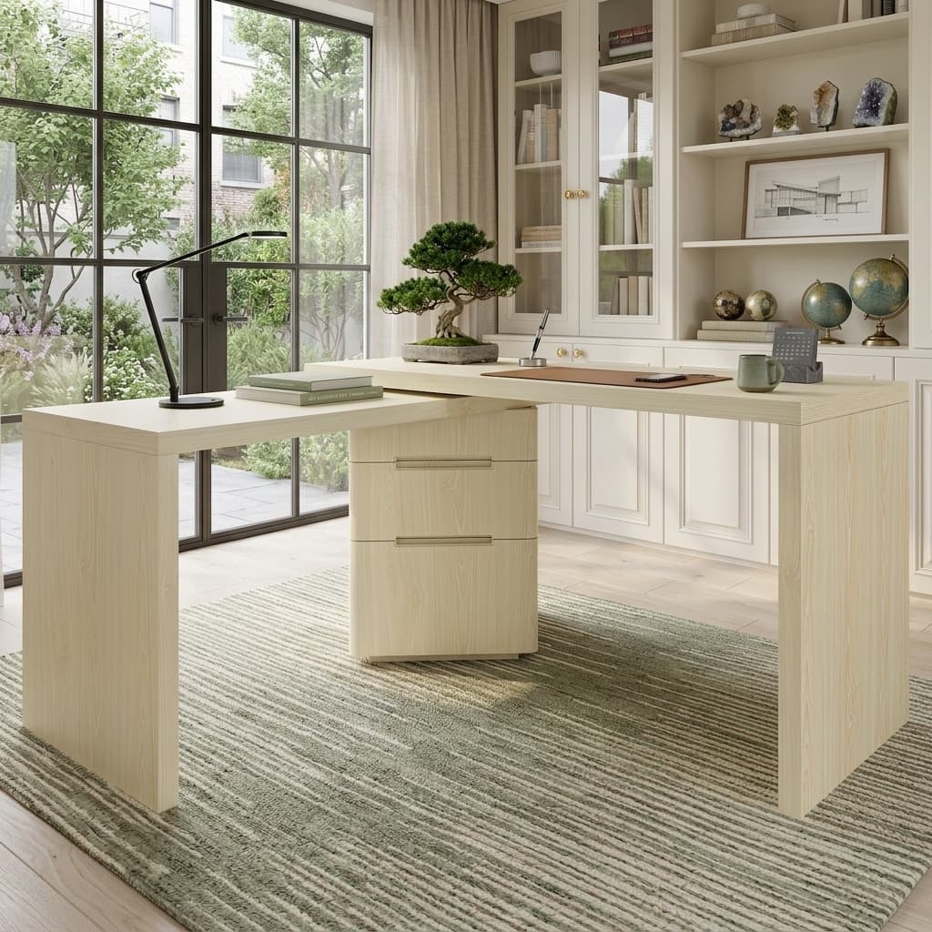 Merax 360 Modern L-Shape Rotating Desk with 3 Drawers and Space-Saving Convertible Workstation