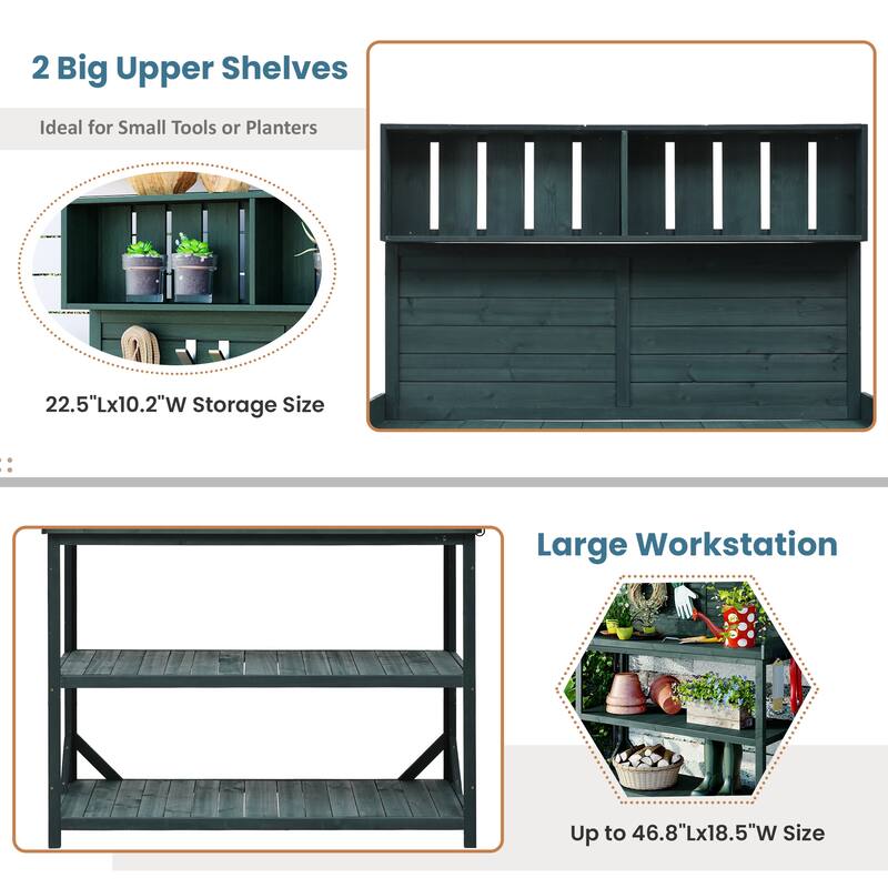65" Large Patio Wooden Workstation Garden Potting Bench Table with 4 Storage Shelves and Side Hook