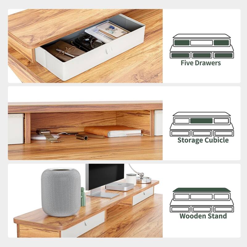 FEZIBO Height Adjustable Electric Standing Desk with 5 Drawers, Table with Storage Shelf, Sit Stand Desk