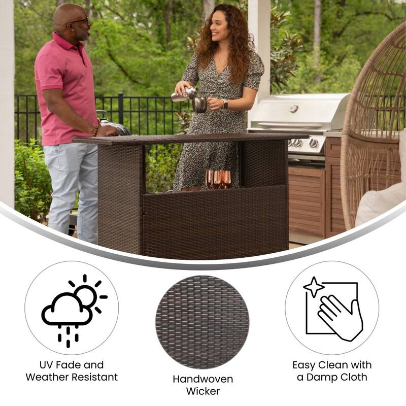 Indoor/Outdoor Wicker Rattan Patio Bar Counter Table with Two Shelves
