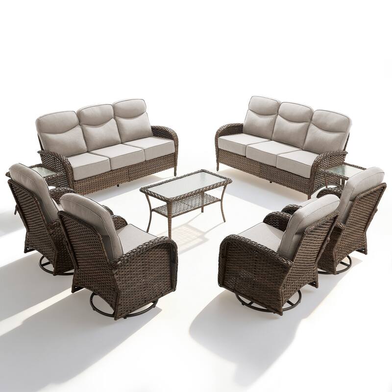 Meyreso 9-Piece Wicker Patio Conversation Set with Swivel Gliders and 6-Inch Thick Olefin Cushions