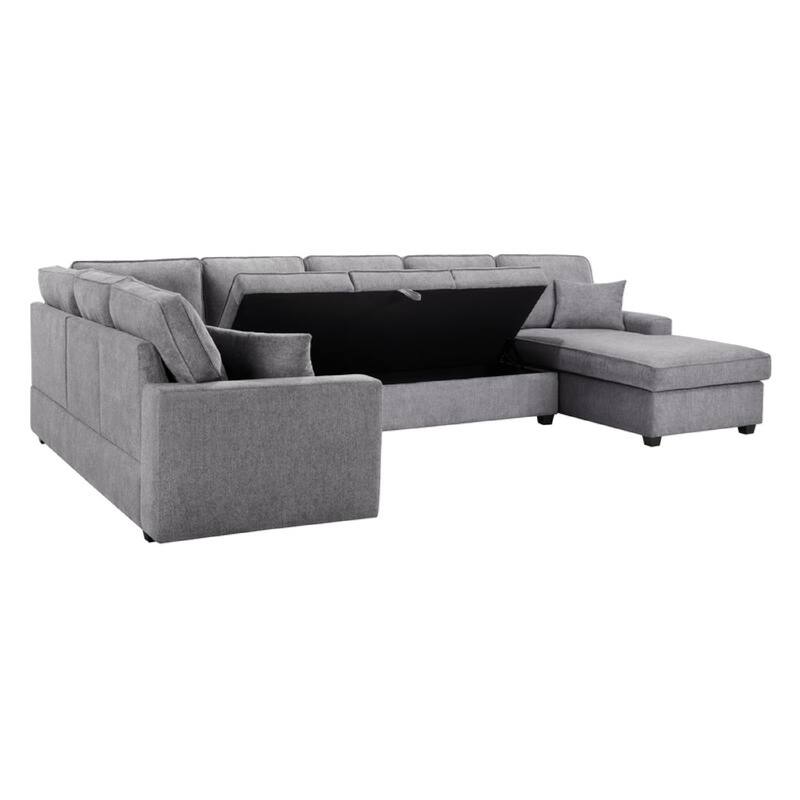 Sary 137 inch Sectional Sofa w Chaise, 2 Throw Pillows, Gray Chenille