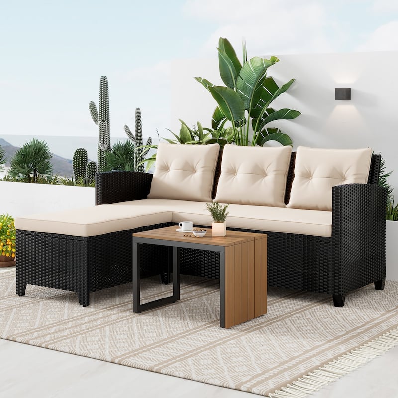 Patio Furniture Set - 3 Piece Cushioned Sofa Set Wicker Outdoor Sectional Coversation Set - Black
