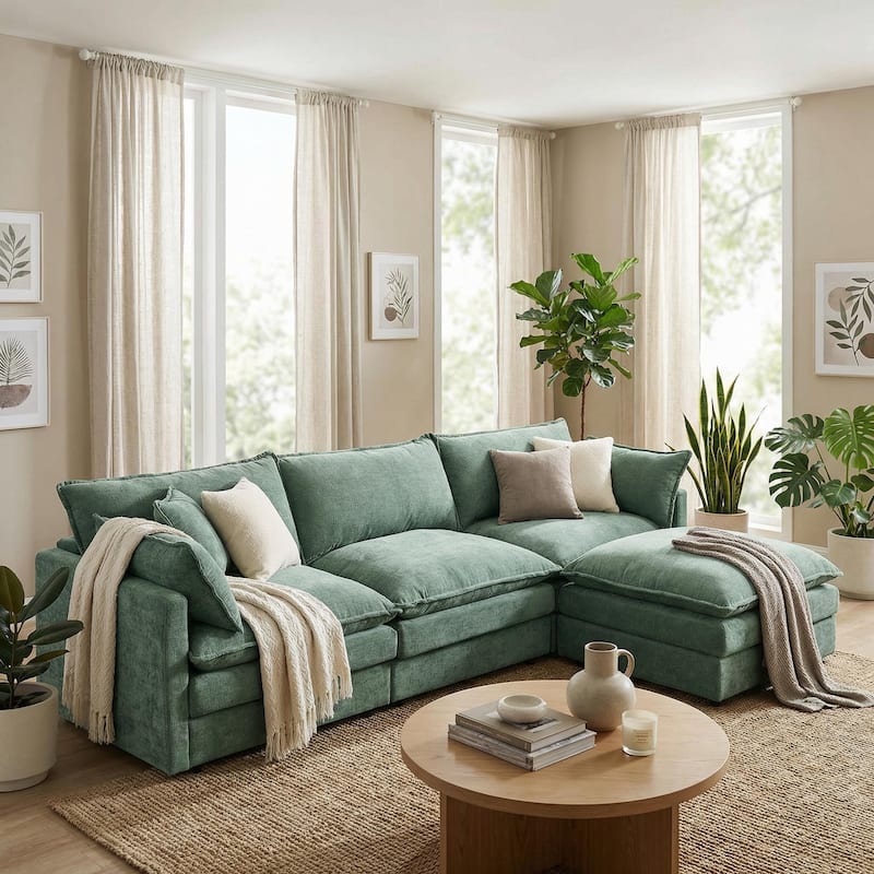 Homy Casa 102" L-Shaped Modular Sectional Sofa Movable Ottoman, Cloud-Style Chenille Couch, DIY Combination for Living Room Tray - Mint Green