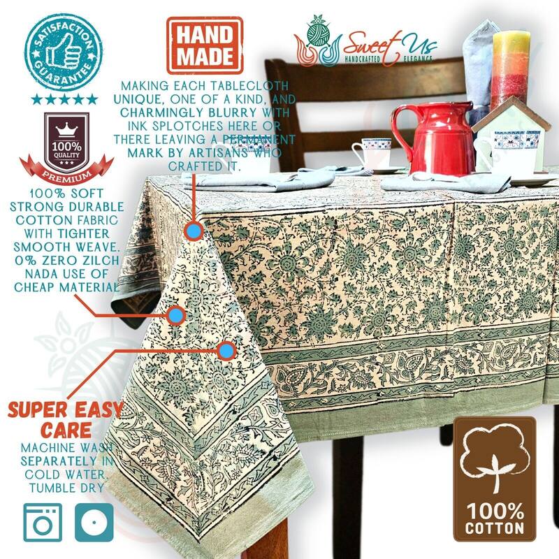 Pretty Daisy Chain Floral Block Print Cotton Tablecloth Collection - 60 x 60 in