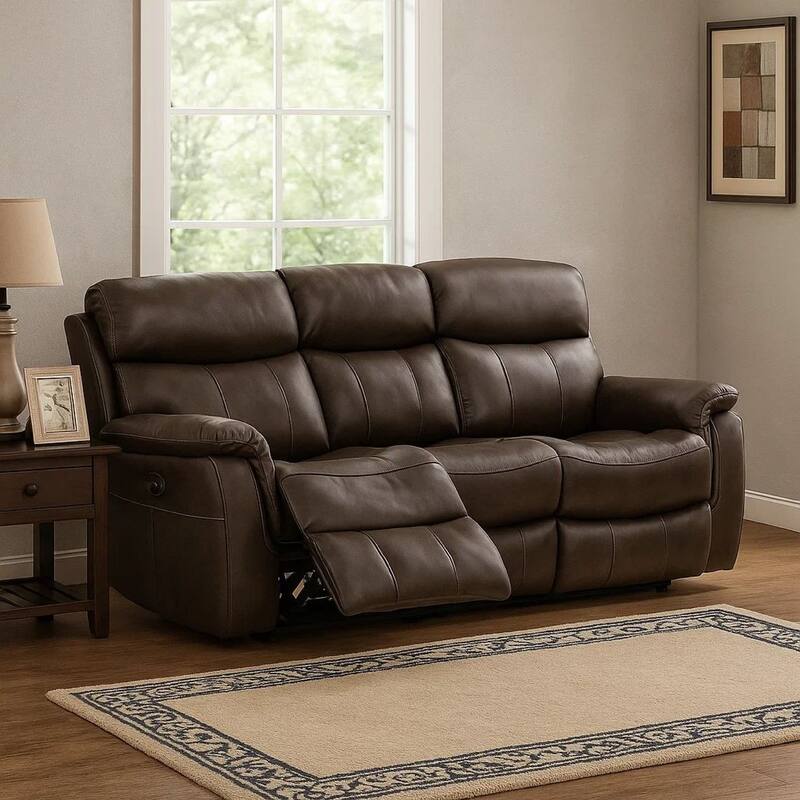 Runy Power Recliner Sofa, Pillowy Brown Top Grain Leather, 86 Inch