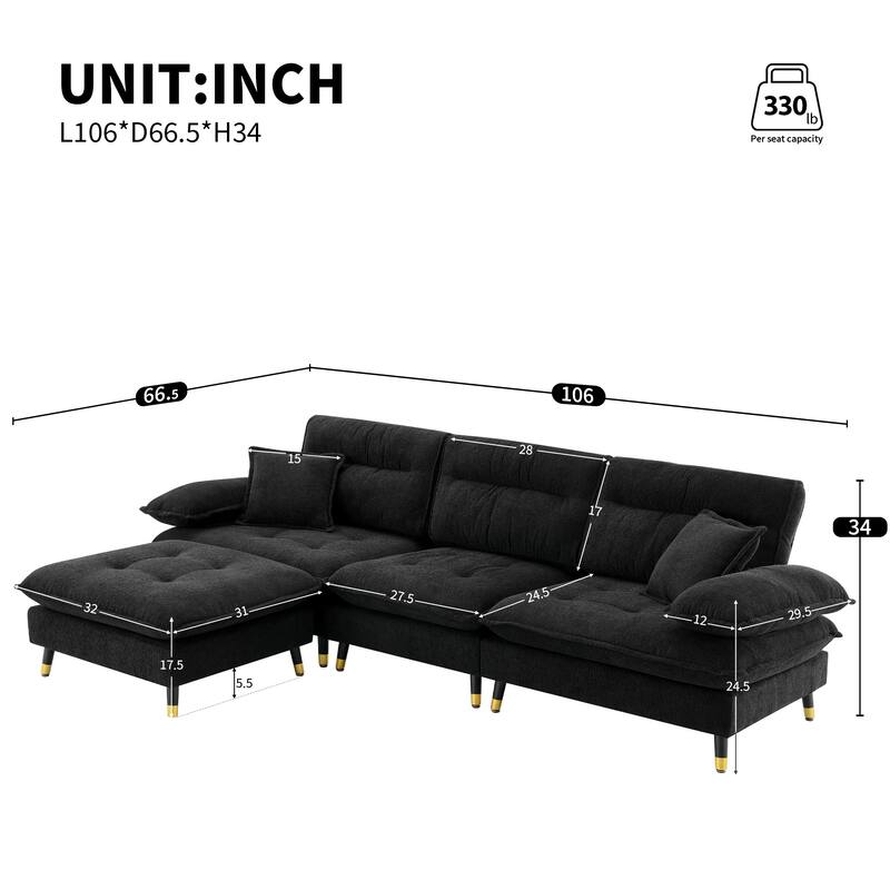 106" Chenille L-Shaped Sectional Sofa with Ottoman