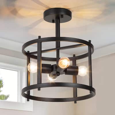 Modern Farmhouse 4-Light Metal Black Drum Semi-flush Mount Foyer Lights - W11.8"xH14"