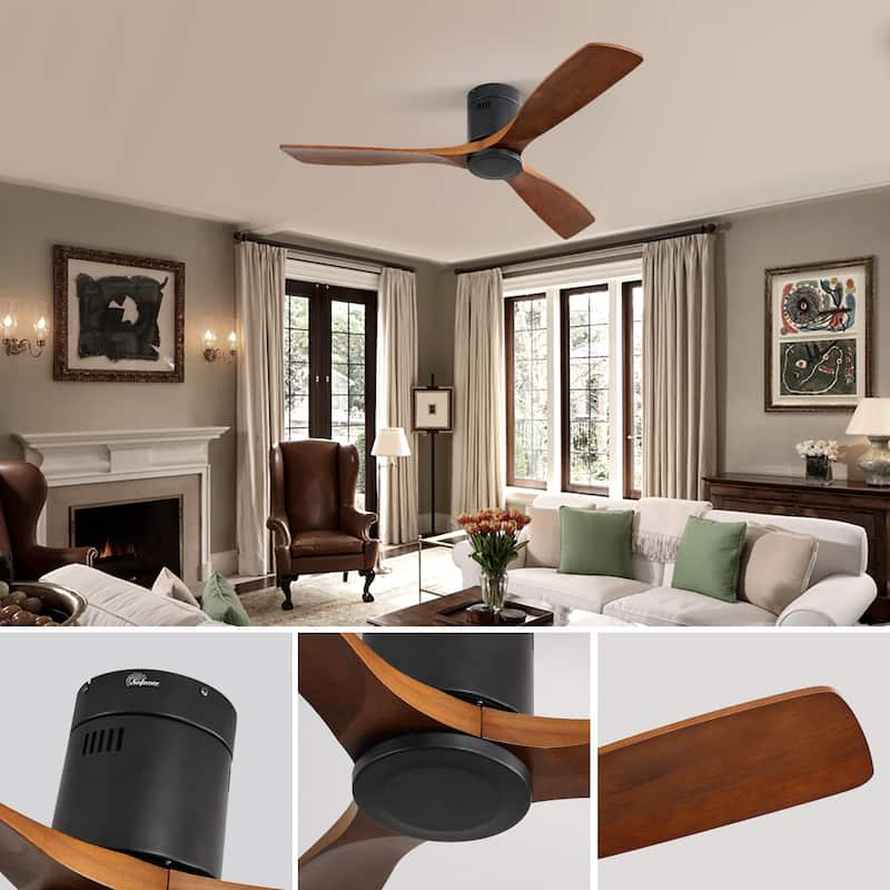 52 Inch Ceiling Fan 3 Carved Wood Fan Blade Noiseless Remote Control Without Light - Black