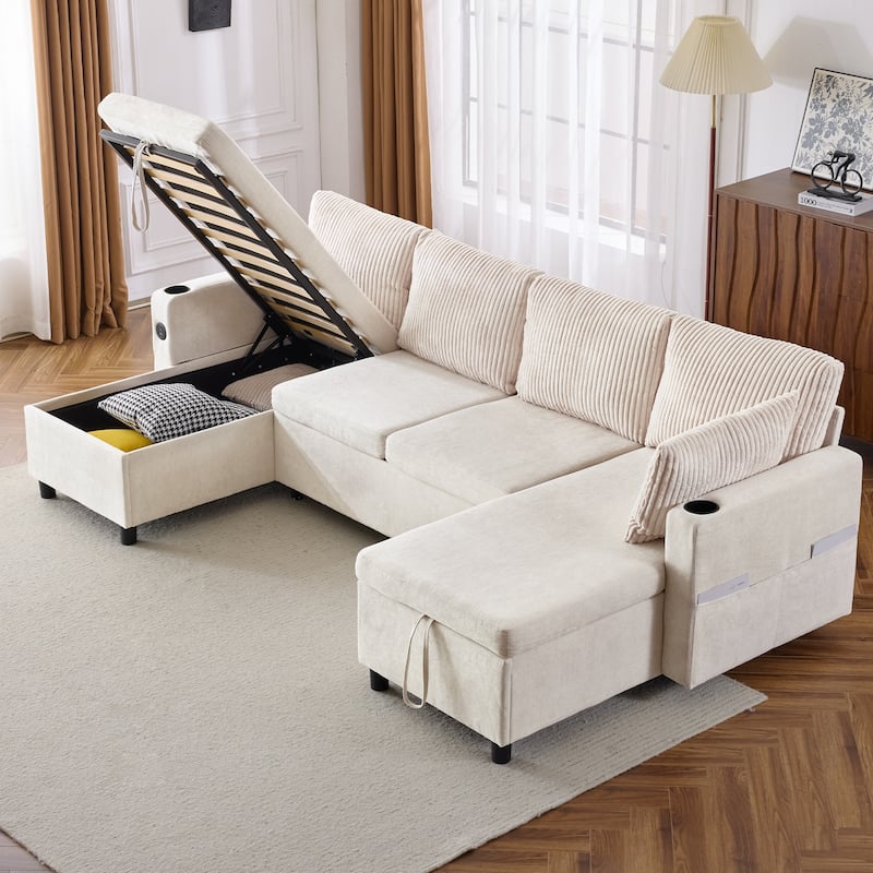 111.8" Chenille U-Shaped Sectional Sleeper Sofa with USB & Storage