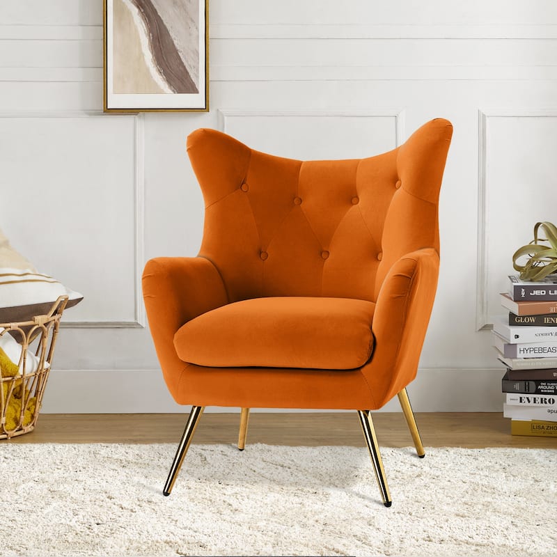 Eusebio Tufted Velvet Accent Chair with Wingback, Arms, and Metal Gold Legs for Living Room or Bedroom by HULALA HOME