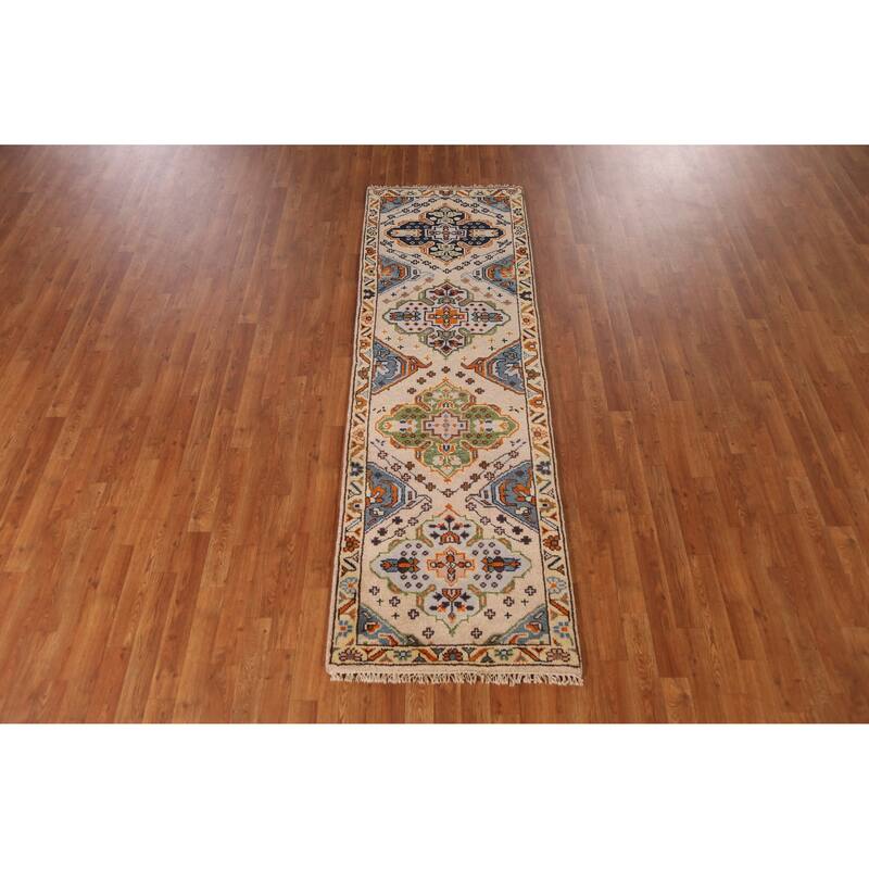 Geometric Heriz Serapi Runner Rug Hand-Knotted Beige Wool Carpet - 2'6" x 7'11"
