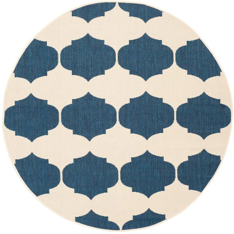 SAFAVIEH Courtyard Abeda Indoor/ Outdoor Waterproof Patio Backyard Rug - 5'3" Round - Beige/Navy