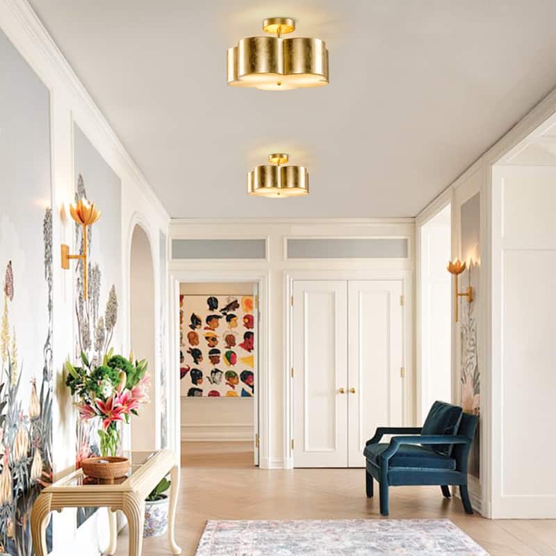 15.4" Distressed Gold 3-Light Flower Semi-Flush Mount Ceiling Light