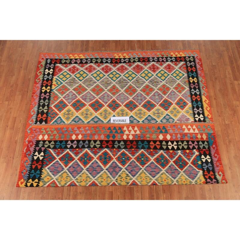 All-Over Trellis Geometric Kilim Area Rug Hand-Woven Wool Carpet - 8'4" x 9'8"