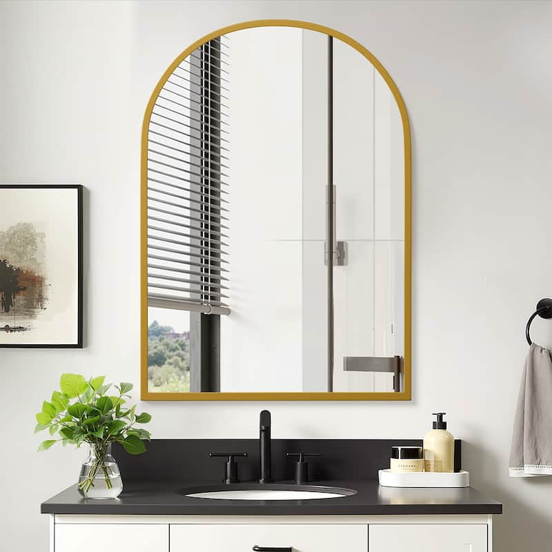 Arched Bathroom Medicine Cabinet with Mirror Metal Framed Wall Mounted Recessed Cabinets for Bathroom Vanity - Gold-39.4 in.H x 24.5 in.W