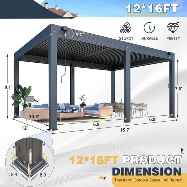 dimension image slide 29 of 31, EROMMY Outdoor Louvered Pergola with Adjustable Aluminum Roof – Rainproof Gazebo for Patio & Garden