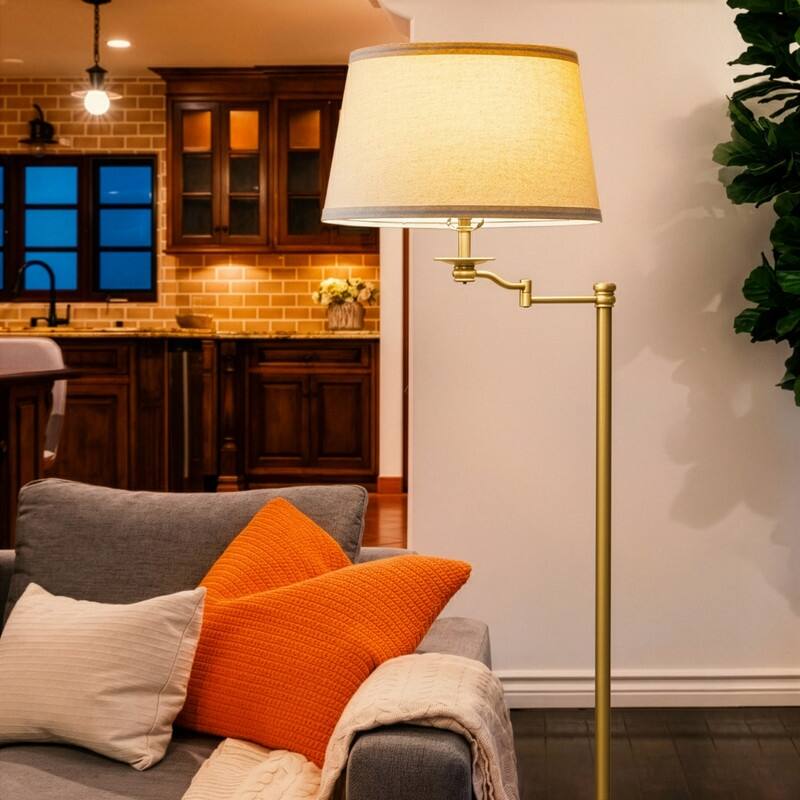 Brightech Caden 60 in. Antiqued Brass Mid-Century Modern 1-Light Extendable Swing Arm LED Floor Lamp with Beige Linen Drum Shade