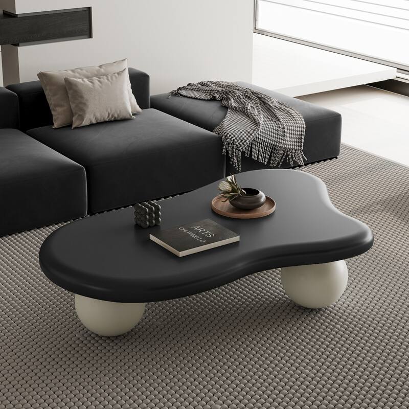 40" Cloud Shaped Coffee Table with 3 Ball Legs - Black Top+White Legs-47.2"