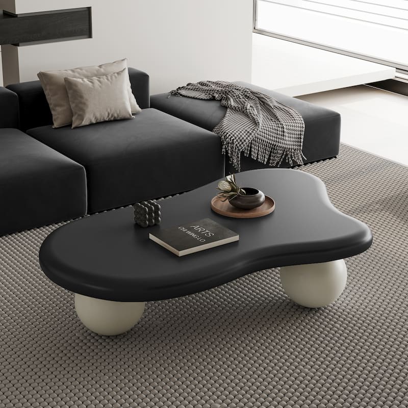 47 Inch Cloud Shaped Coffee Table with 3 Ball Legs for Living Room, Black Top White Legs - Black White