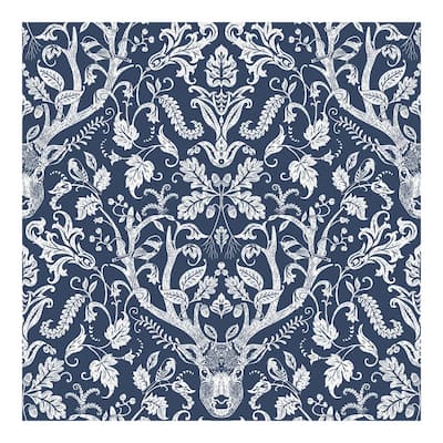 Chesapeake Kiwassa Navy Antler Damask Wallpaper - 20.5 x 396 x 0.025
